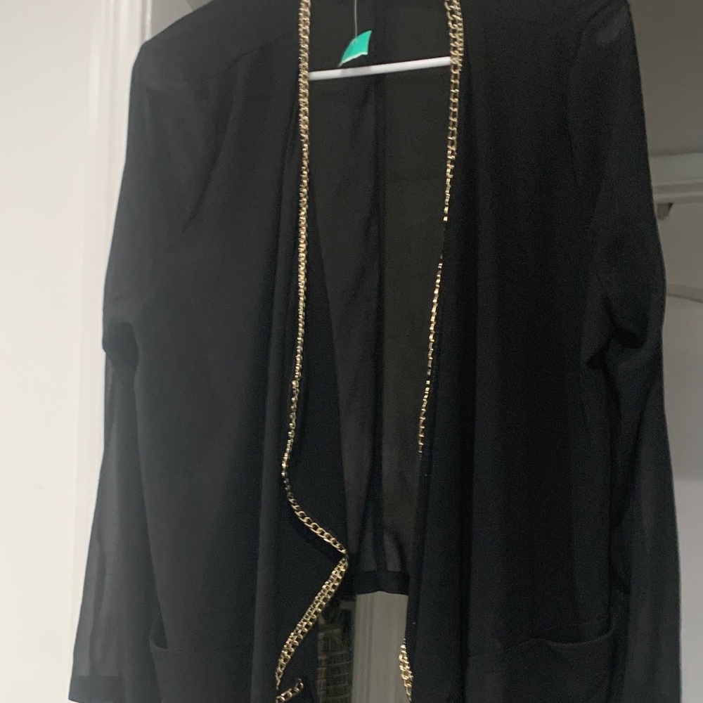 Black Open-Front Women’s Jacket with Gold Trim